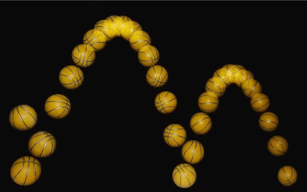 Stroboscoopfoto van een basketbal die 3 maal stuitert