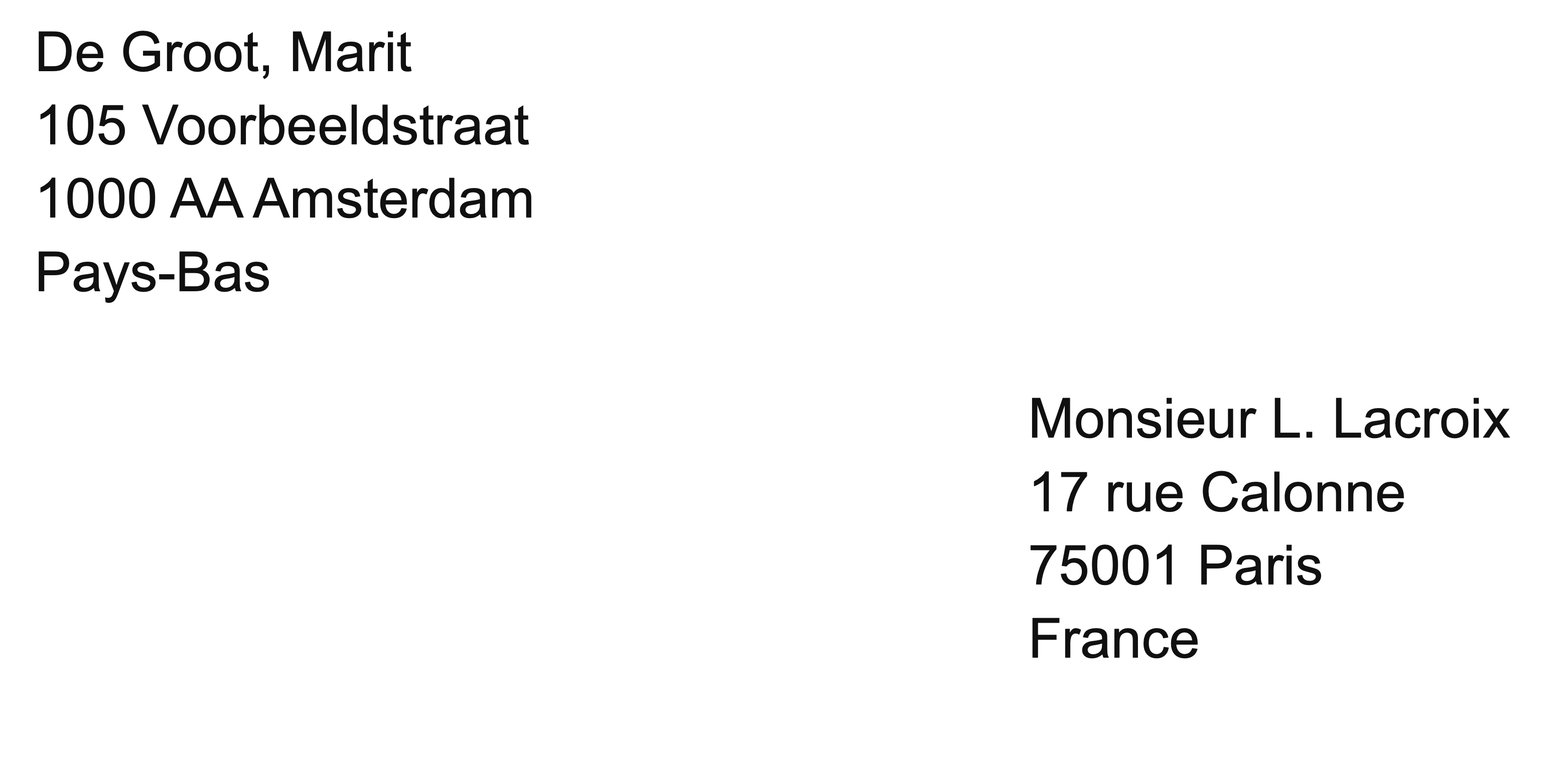 Voorbeeld van de structuur van adresgegevens in een zakelijke brief.