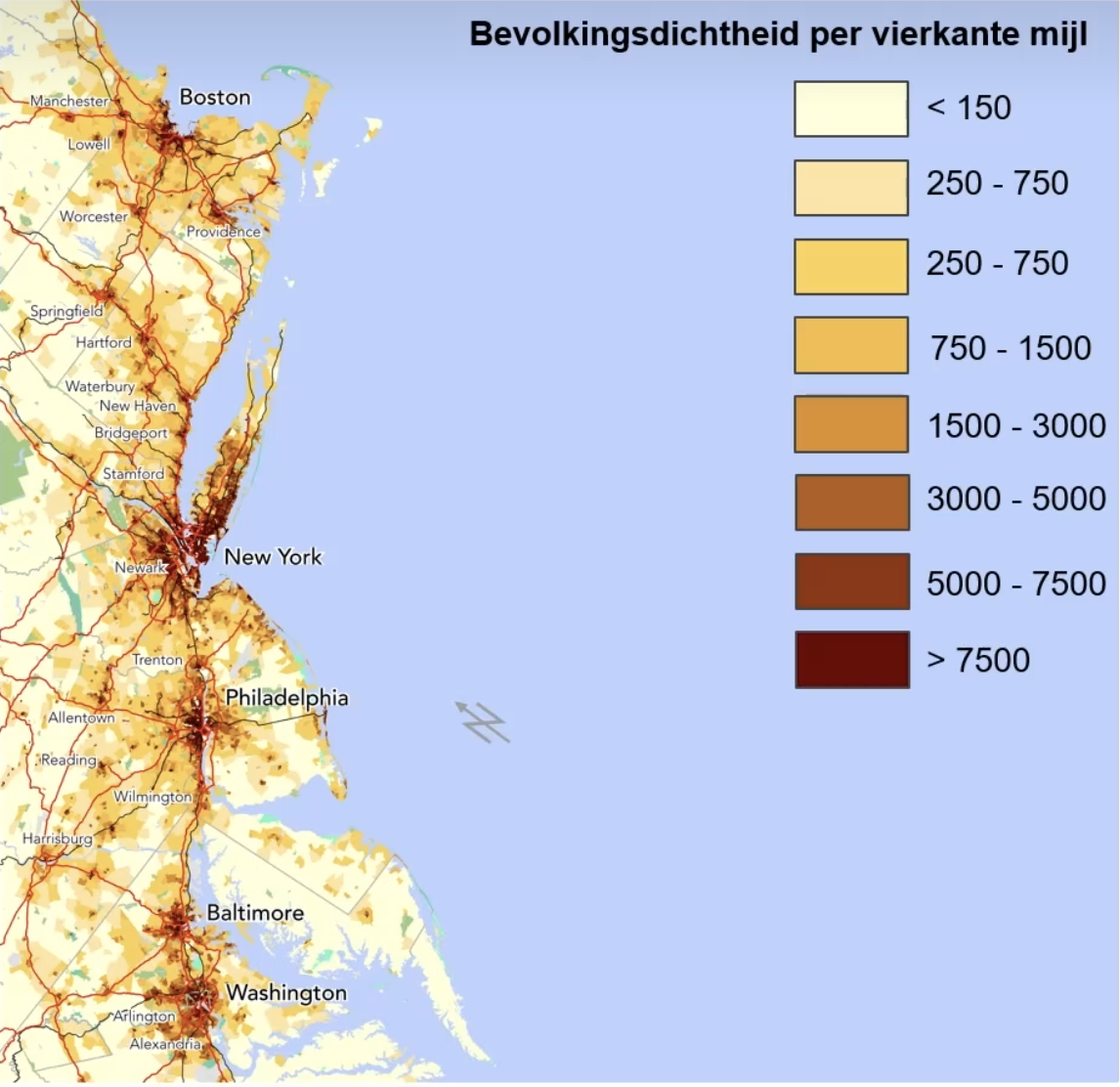 Bevolkingsdichtheid BosWash-regio