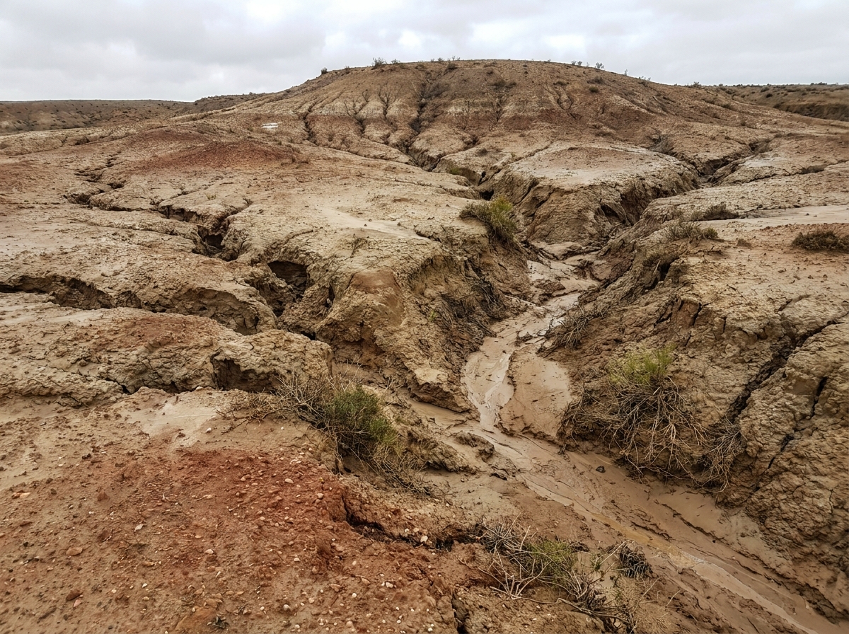 Een geërodeerd landschap met diepe geulen in de grond, veroorzaakt door wegstromend water en weinig vegetatie. Dit is een van de soorten landdegradatie en oorzaken.