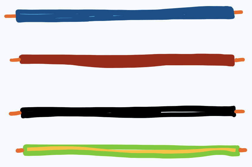 De vier soorten elektriciteitsdraden in huis: de blauwe nuldraad, de bruine fasedraad, de zwarte schakeldraad en de geelgroene aardedraad.
