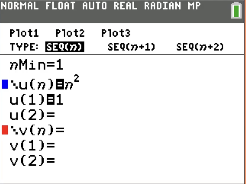 Voorbeeld somrij met grafische rekenmachine toont de SEQ-modus met U(N)=N^2, U(NMin) = 1 en U1 = 1