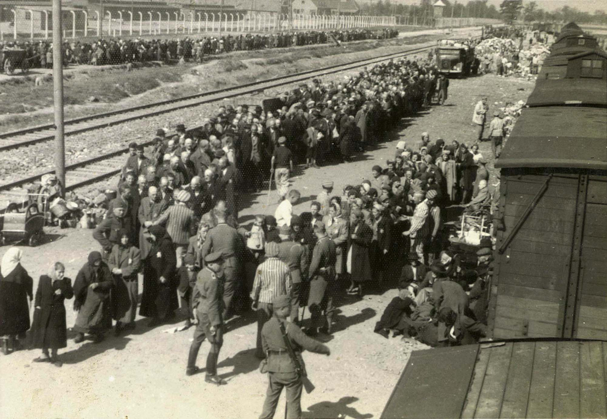 Mensen in rijen bij aankomst Auschwitz-Birkenau, https://commons.wikimedia.org/wiki/File:Birkenau_selection_on_the_platform.jpg