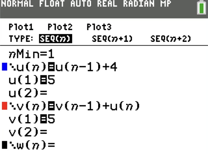 Grafische rekenmachine toont de SEQ-modus met U(N)=U(N-1)+4, U1=5, V(N)=V(N-1)+U(N) en V1=U1.