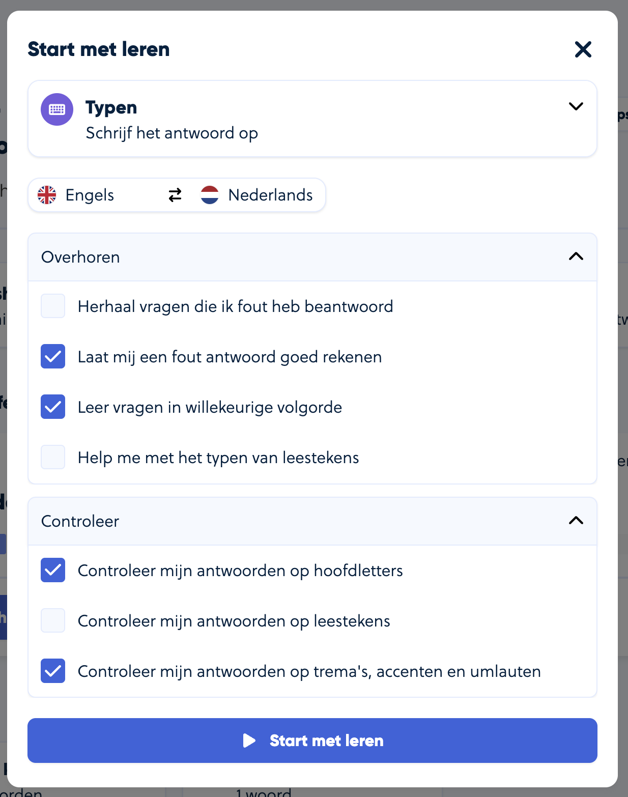 Afbeelding 2: kies je overhoormethode en pas de instellingen aan naar hoe jij de woordjes wilt leren. 