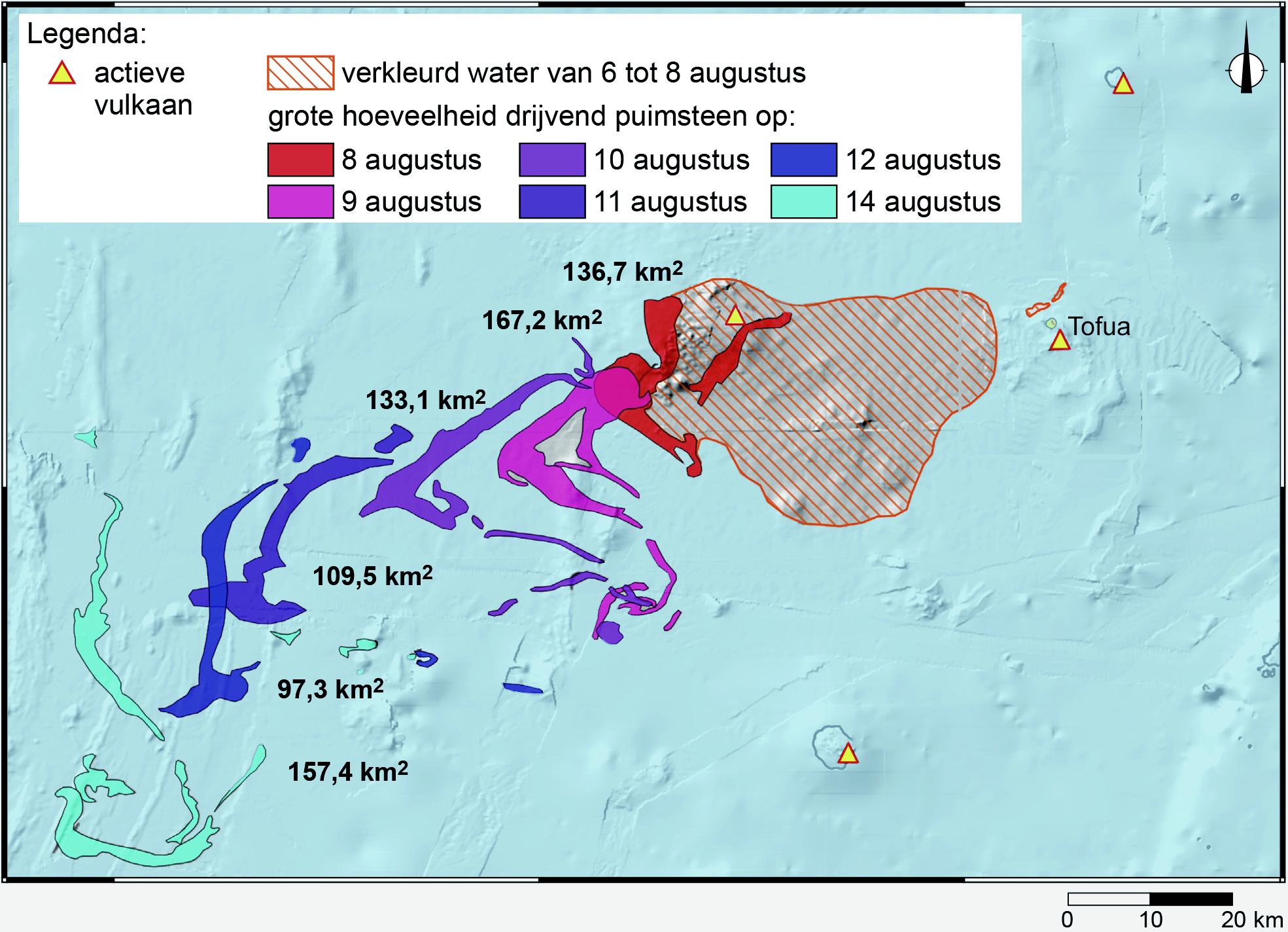 Verplaatsing van drijvend puimsteen na een onderzeese uitbarsting net ten noorden van Tofua tussen 6 en 8 augustus 2019