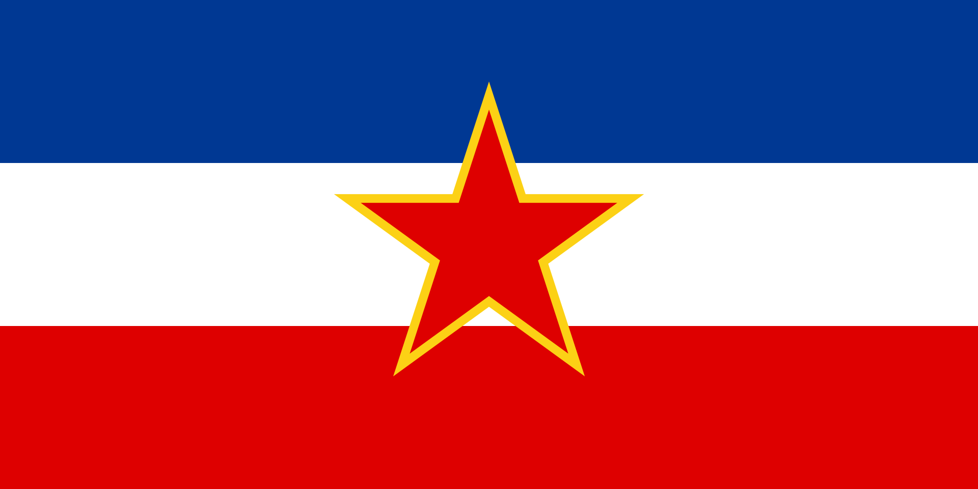 Vlag van voormalig Joegoslavië, https://commons.wikimedia.org/wiki/File:Flag_of_Yugoslavia_(1946-1992).svg