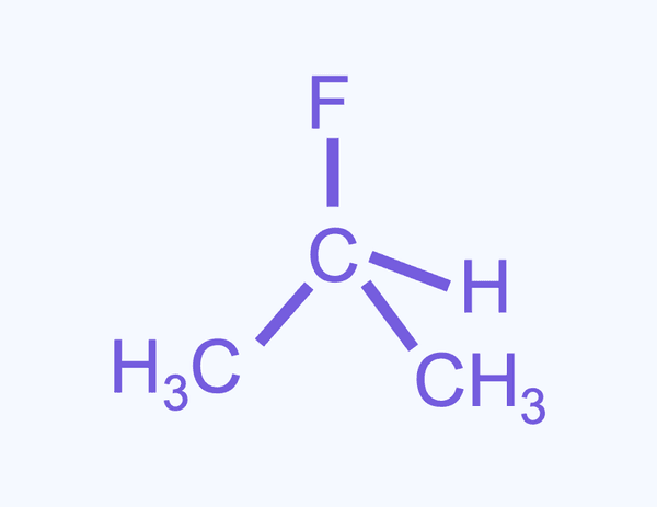 De structuurformule van 2-fluorpropaan.