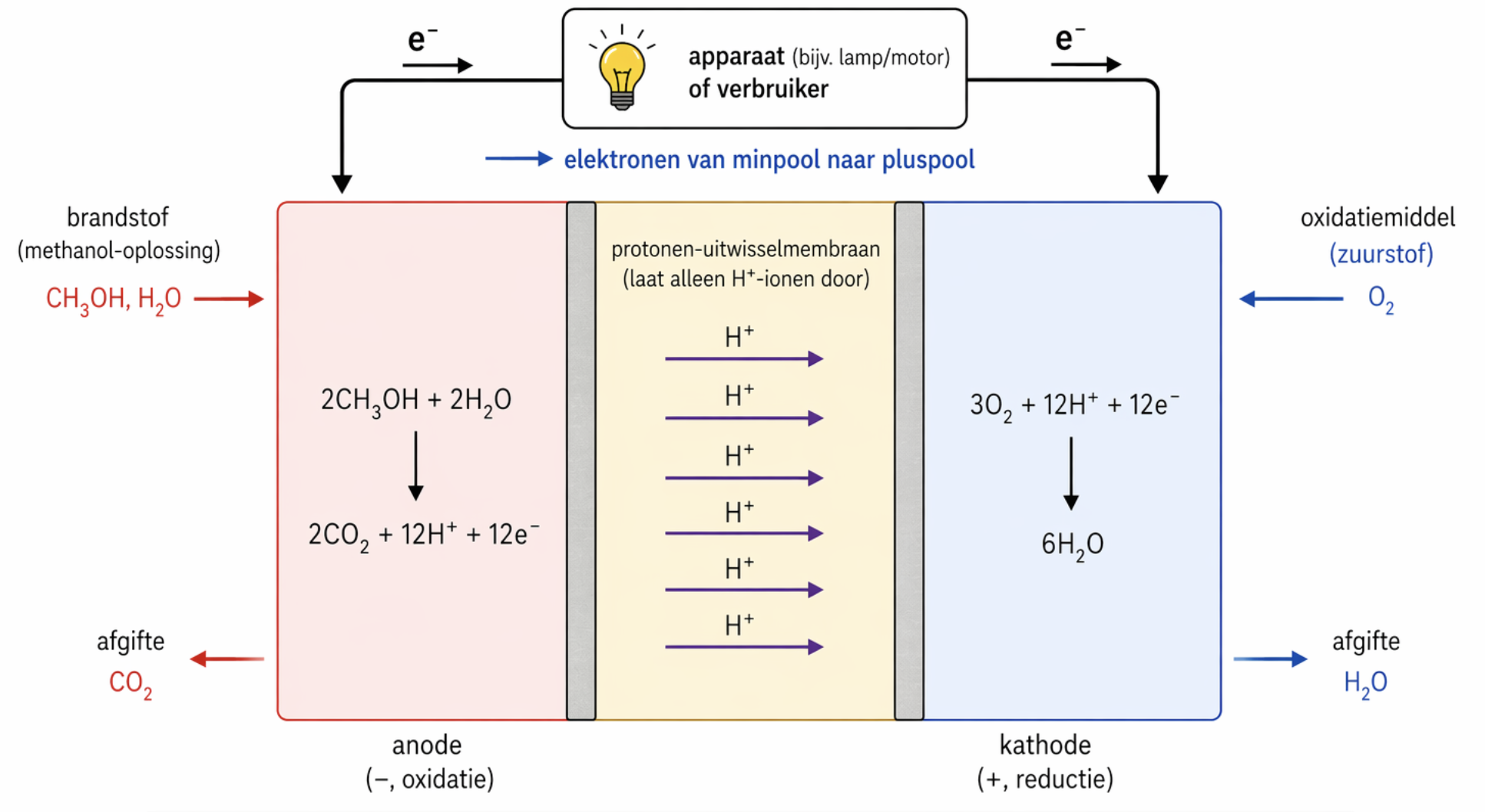 Gedetailleerde schematische weergave van een methanolbrandstofcel