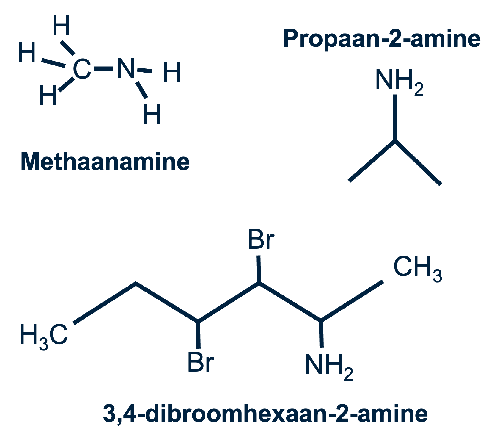 methaanamine, propaan-2-amine en 3,4-dibroomhexaan-2-amine