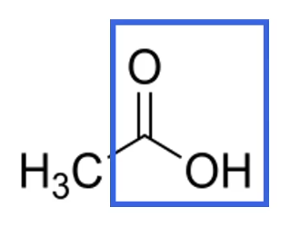 Structuurformule van ethaanzuur (CH₃COOH) met de koolstofatoom, dubbelgebonden zuurstofatoom en hydroxylgroep (-OH) van de carbonzuurgroep duidelijk zichtbaar.