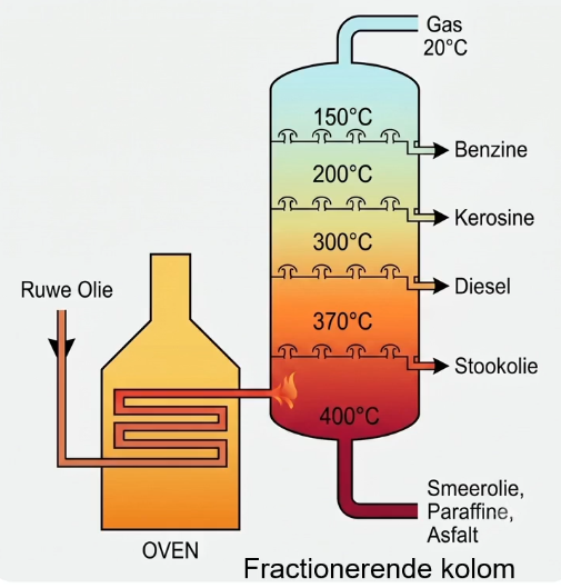 Een destillatietoren met ruwe olie - een mengsel van fossiele brandstoffen - die onderin wordt ingebracht en verwarmd. Bovenin verlaten lichte gassen zoals methaan en ethaan de toren. Daaronder worden benzine en kerosine afgetapt. Lager in de toren komen smeerolie en paraffine vrij. Helemaal onderaan wordt zware stookolie, teer en asfalt afgetapt.
