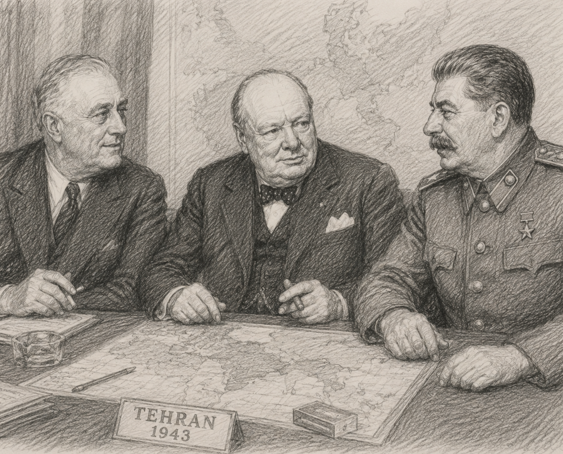 Roosevelt, Churchill en Stalin aan tafel in Teherán