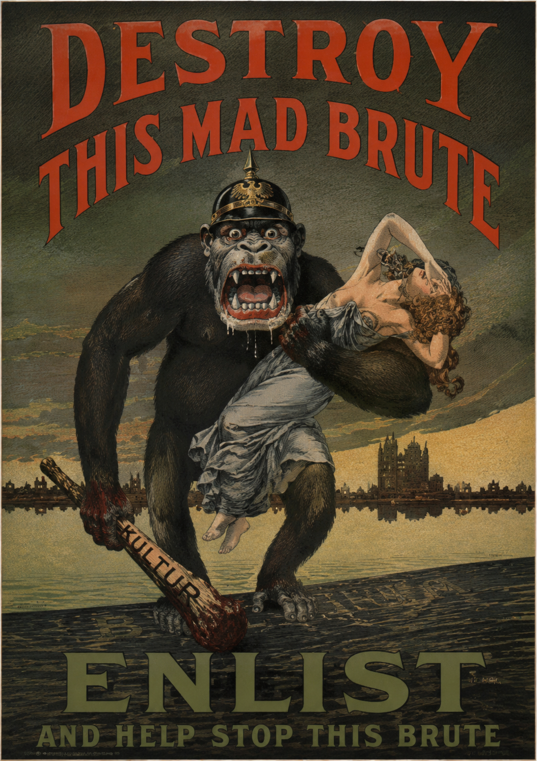 Amerikaanse propagandaposter uit de Eerste Wereldoorlog met een gorilla met een Duitse helm, die een vrouw (symbool voor vrijheid) vasthoudt en een knuppel met 'Kultur' bij zich heeft. Op de achtergrond is een verwoeste stad te zien.
