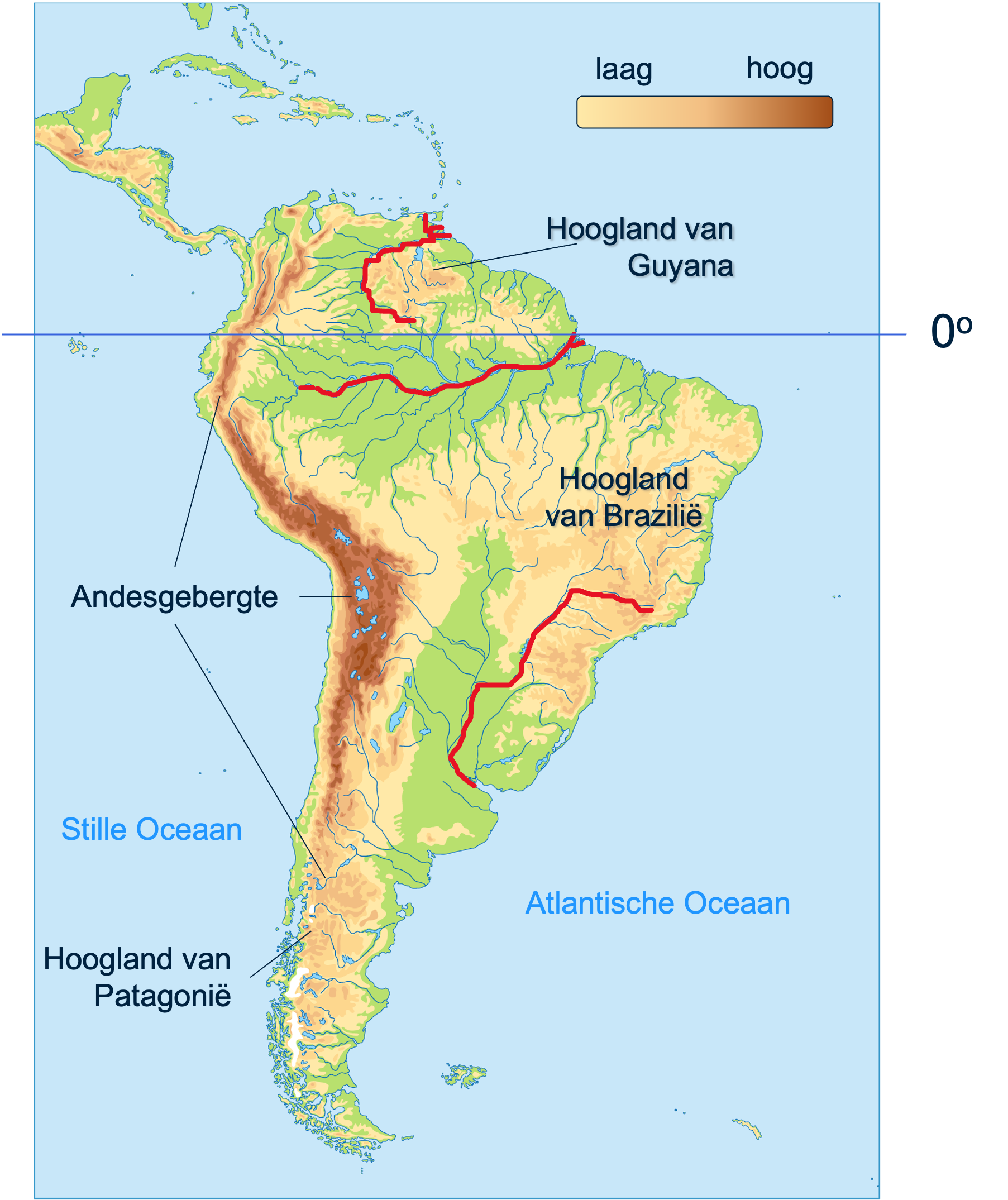 De rivieren ten opzichte van de evenaar.