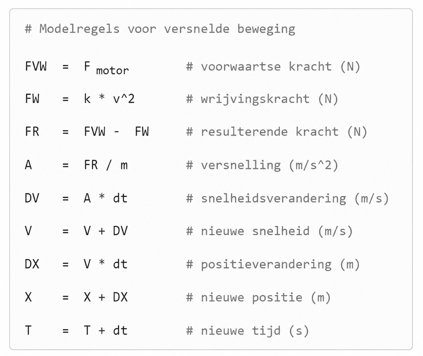 Een code-achtige tekstweergave van een numeriek model voor een harmonische trilling, gebruikt bij numeriek modelleren. De modelregels berekenen achtereenvolgens de resulterende kracht, versnelling, snelheid, uitwijking en tijd in opeenvolgende tijdstappen.