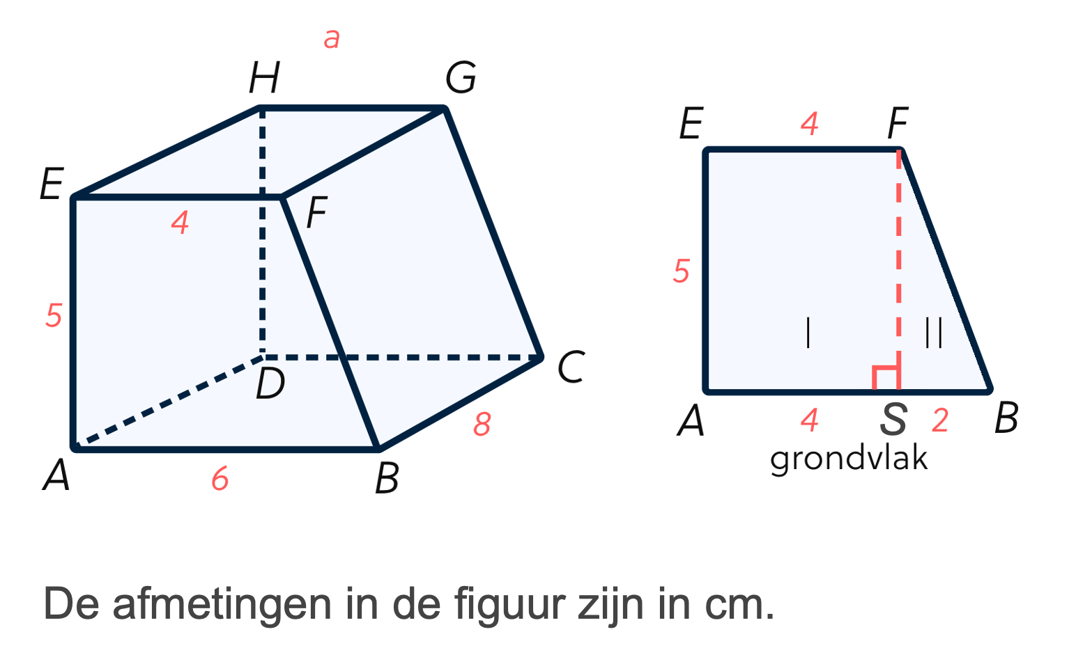 Vierhoek ABFE met het grondvlak opgesplitst in een driehoek en rechthoek