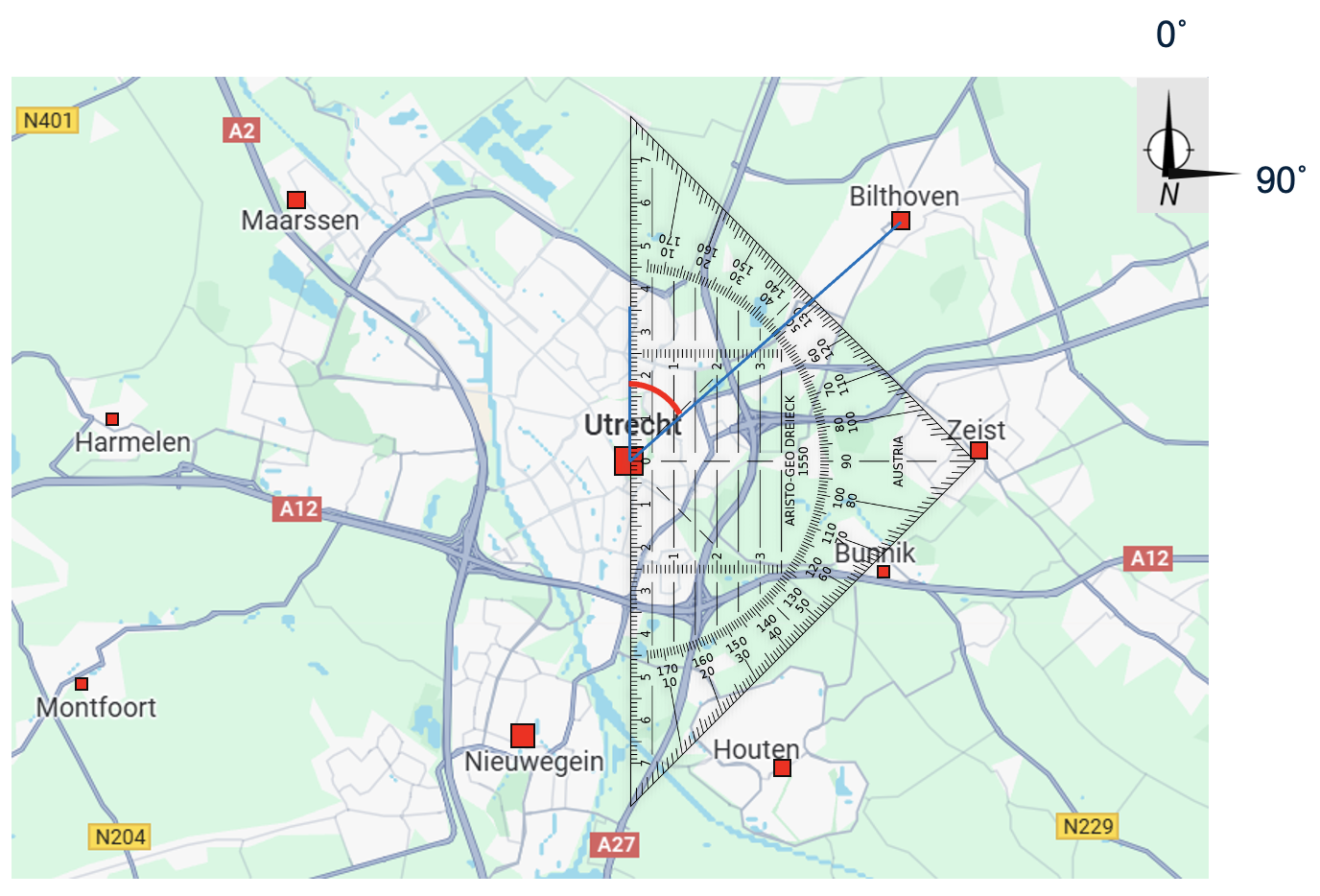 De koershoek van Utrecht naar Bilthoven