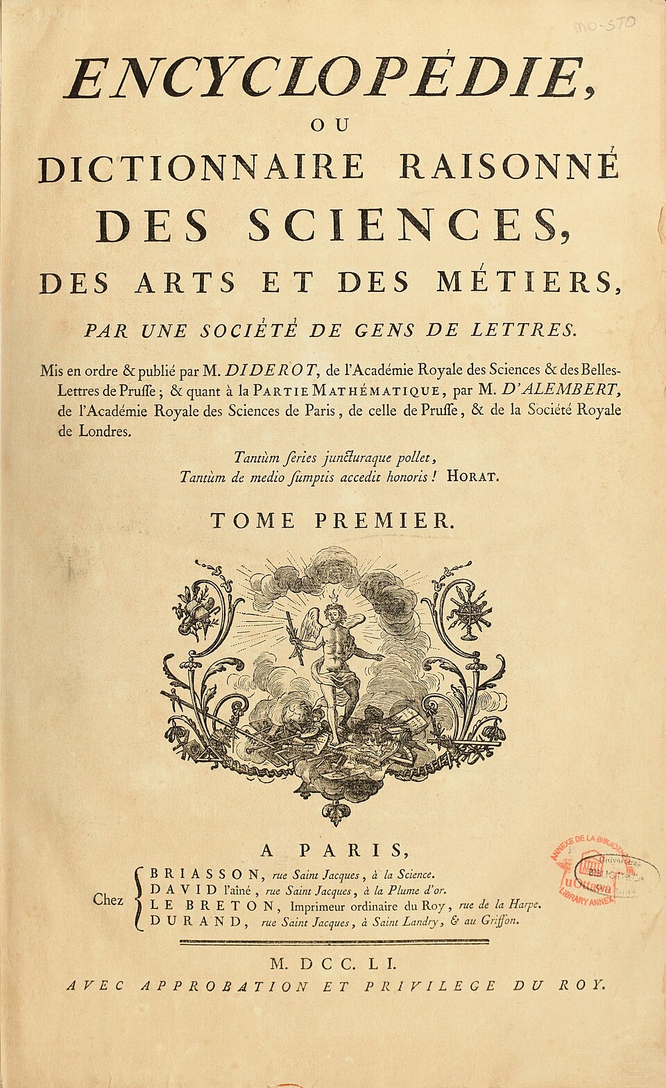 Titelpagina van de Encyclopédie, https://commons.wikimedia.org/wiki/File:Encyclopedie_de_D%27Alembert_et_Diderot_-_Premiere_Page_-_ENC_1-NA5.jpg