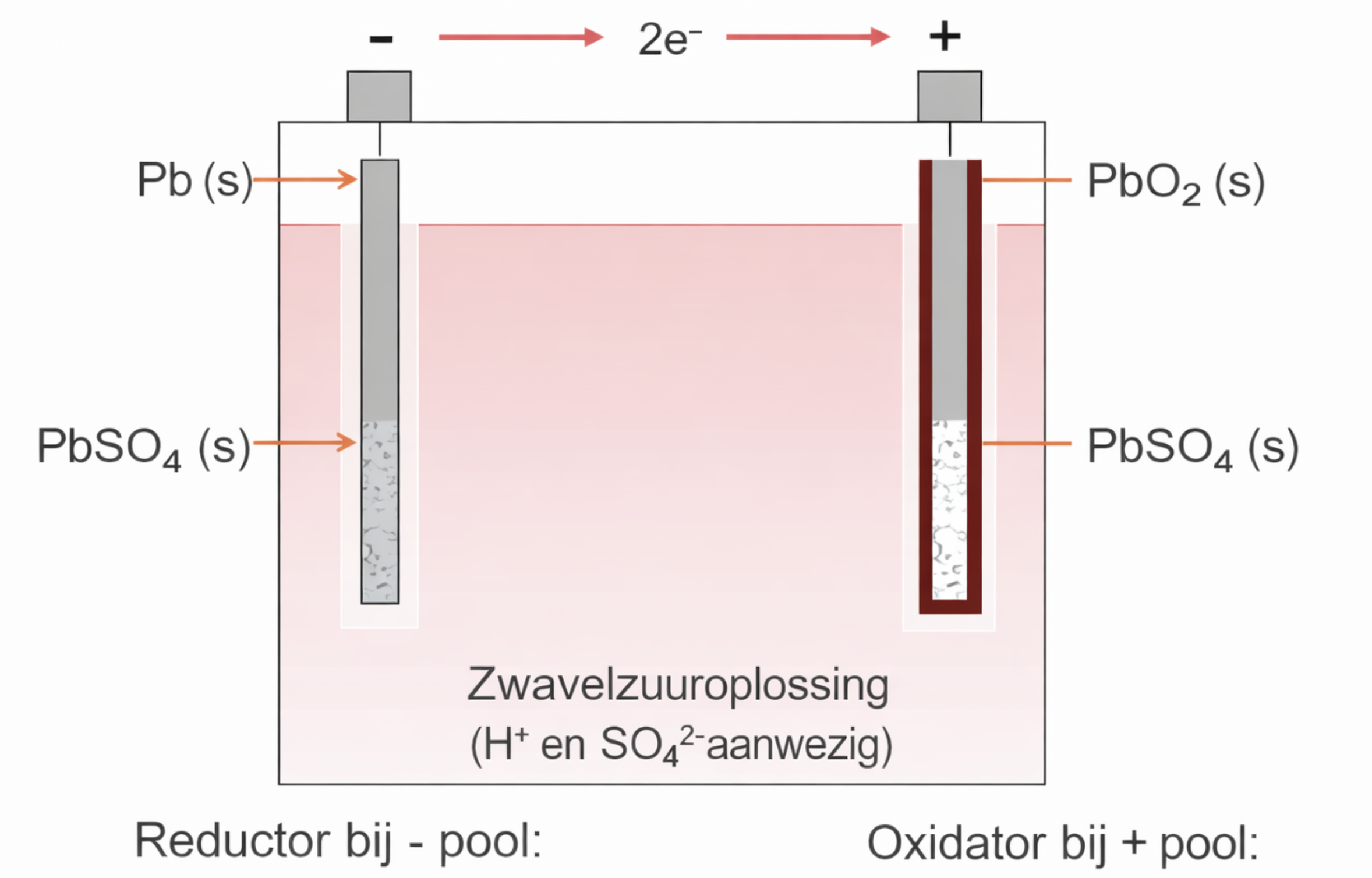Schematische weergave van de halfreacties aan de minpool (Pb naar PbSO₄) en pluspool (PbO₂ naar PbSO₄) tijdens het ontladen