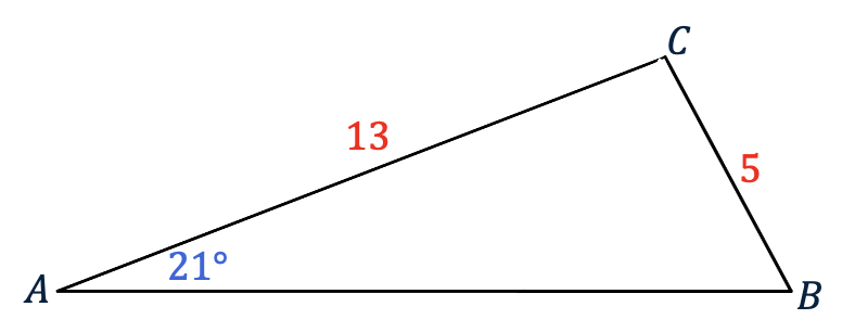 Een tweede schets die laat zien hoe er een alternatieve driehoek kan bestaan met dezelfde zijden BC en AC en dezelfde hoek A, maar met een scherpe hoek B. Dit kan door zijde AB te verlengen en punt C te verbinden, zodat BC nog steeds 5 is