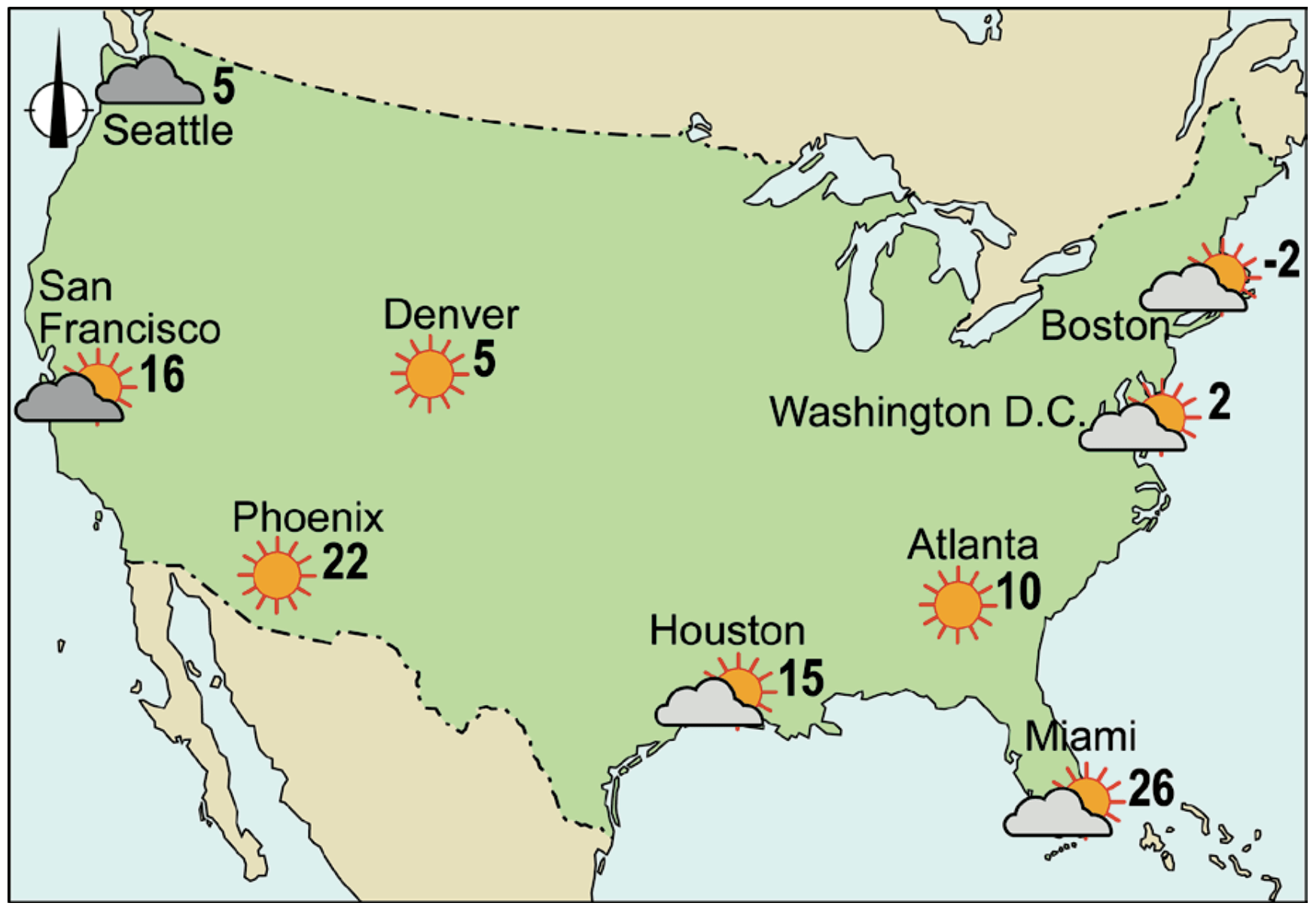 Weerkaart van een winterdag in de Verenigde Staten