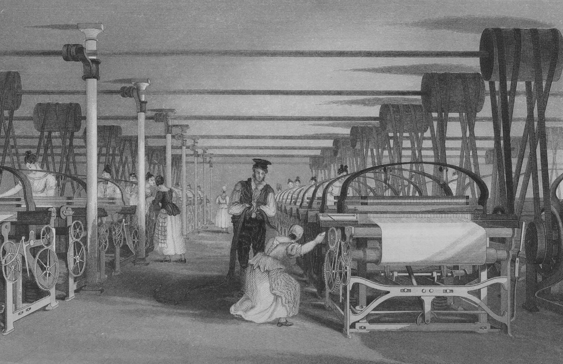 Afbeelding van het weven op een mechanisch weefgetouw, https://commons.wikimedia.org/wiki/File:Powerloom_weaving_in_1835.jpg