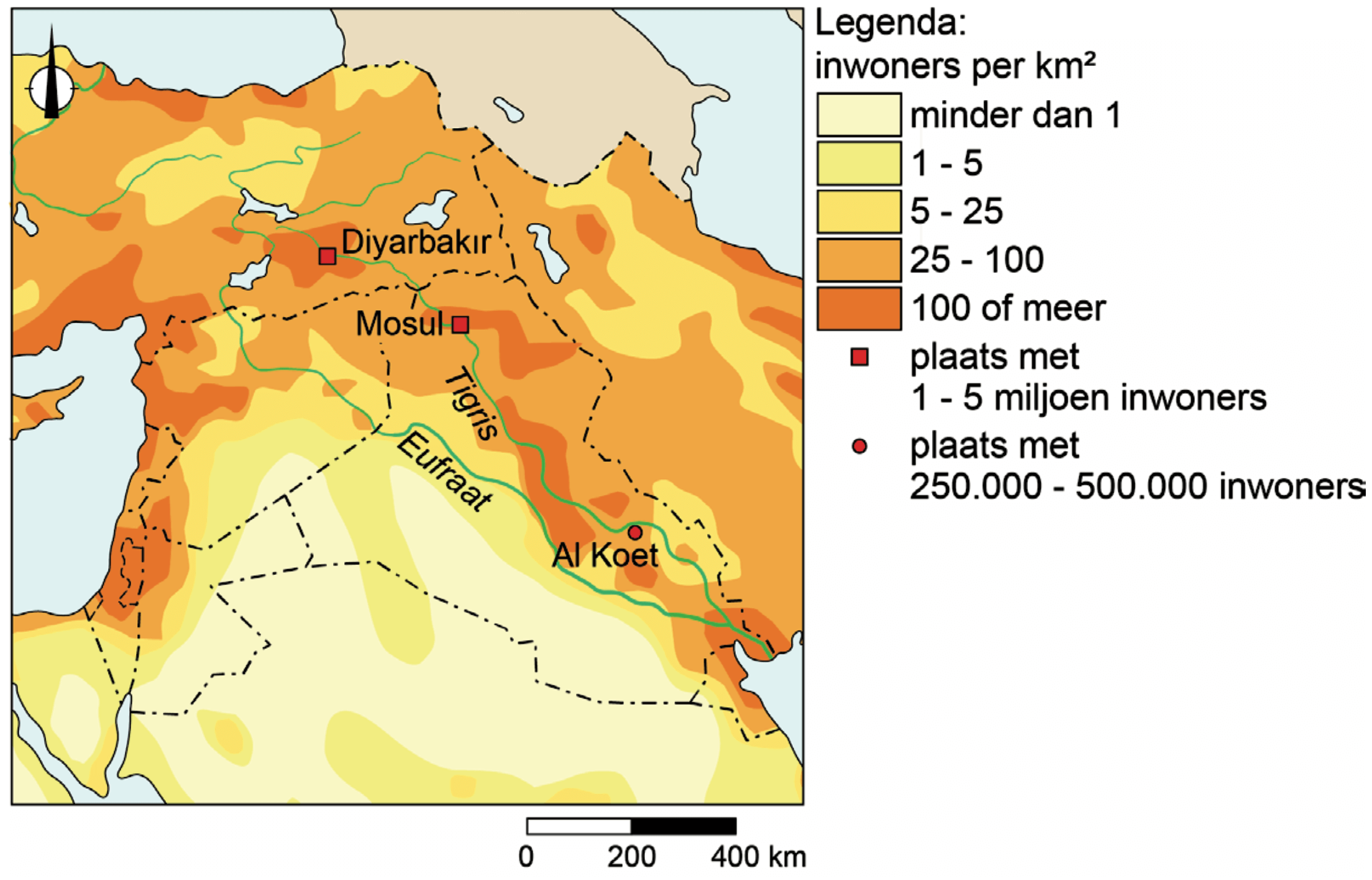Deel van het Midden-Oosten, bevolkingsdichtheid