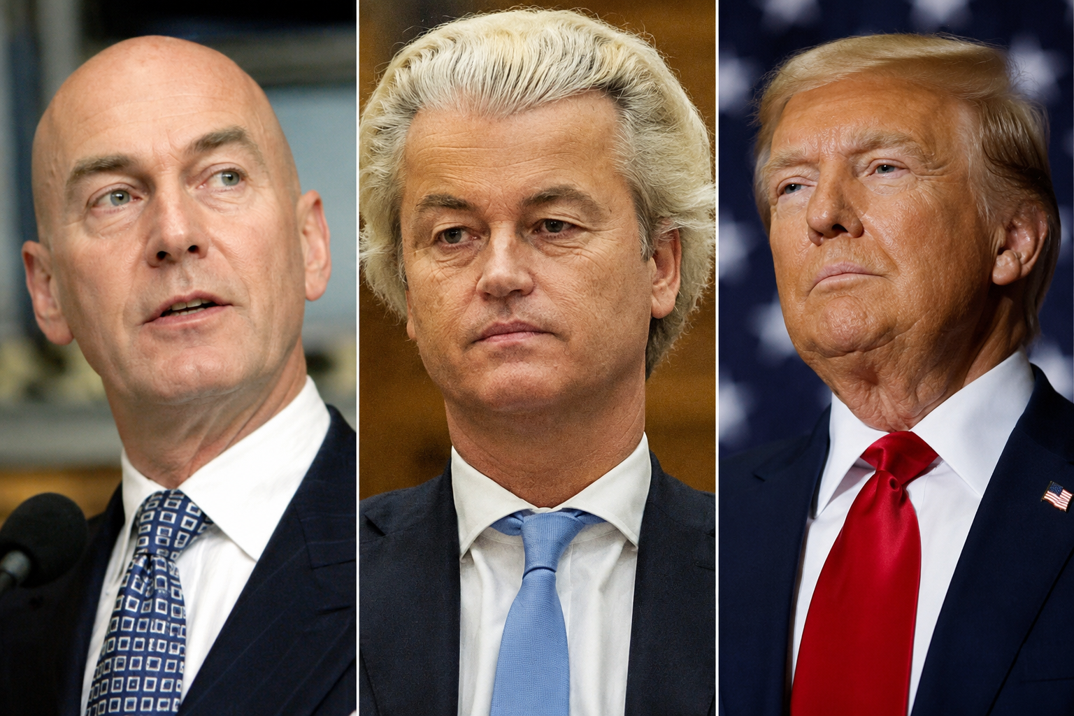 Collage van de portretten van de populistische politici Pim Fortuyn, Geert Wilders en Donald Trump.