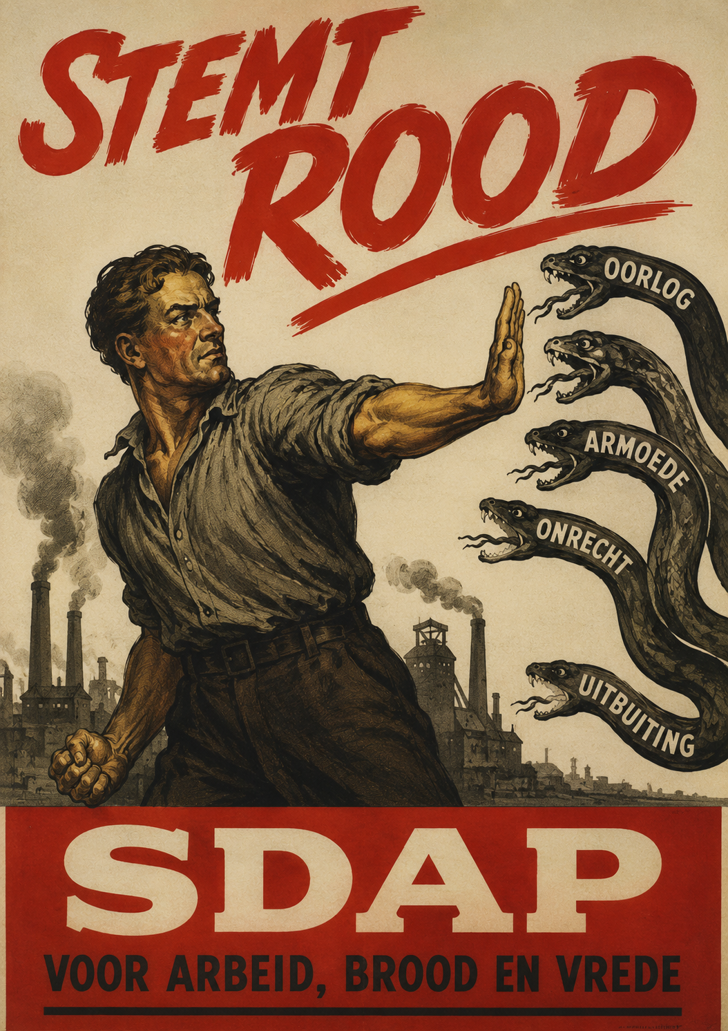 Verkiezingsposter van de SDAP, met in het rood de tekst "Stemt Rood". Een arbeider is afgebeeld die symbolische slangen (bedreigingen) van zich afslaat.
