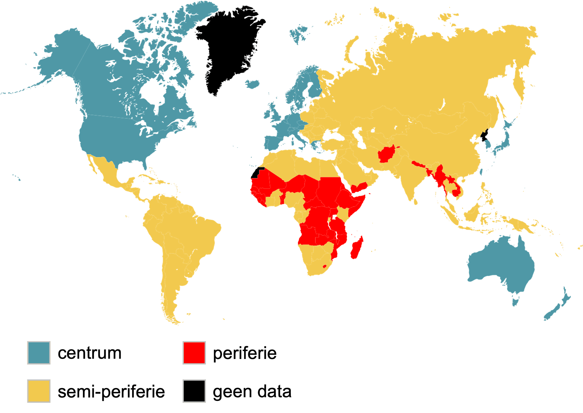 centrum, periferie, semi-periferie kaart wereld landen