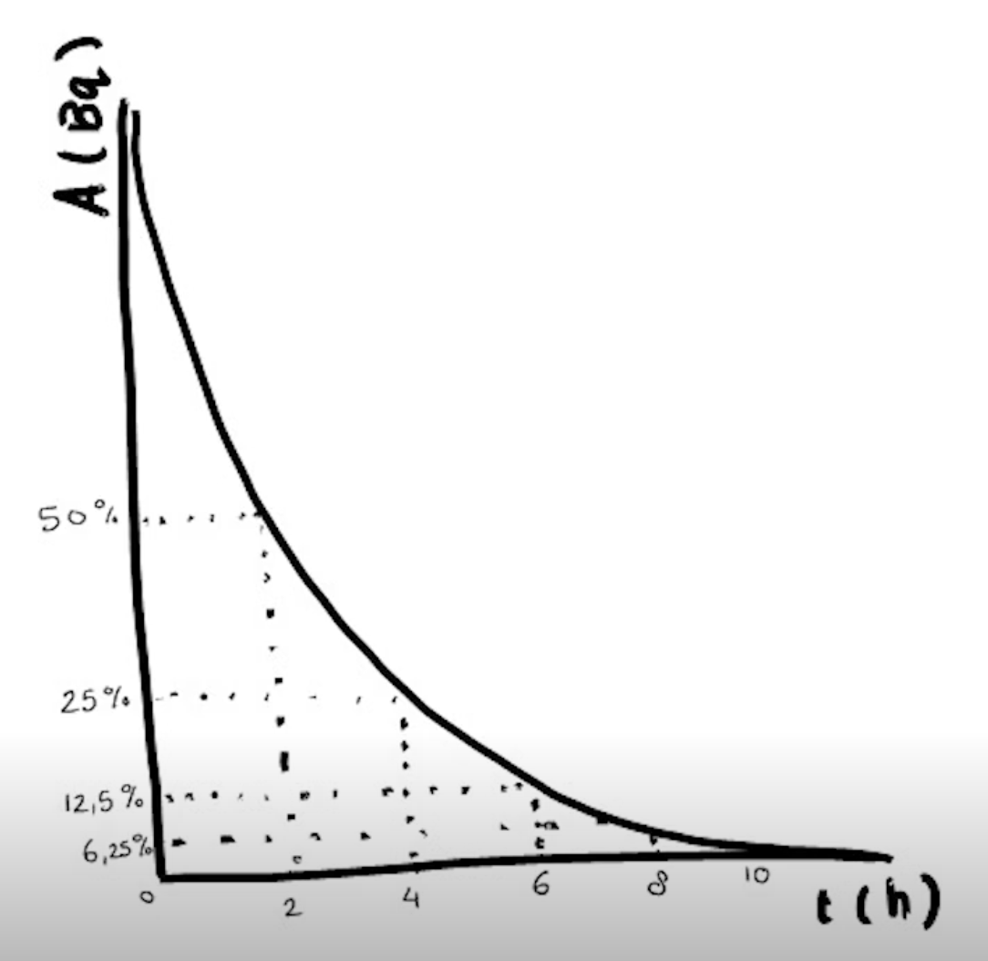 Grafiek die het exponentiële verval van een radioactieve stof illustreert. Na elke halveringstijd is de activiteit gehalveerd.