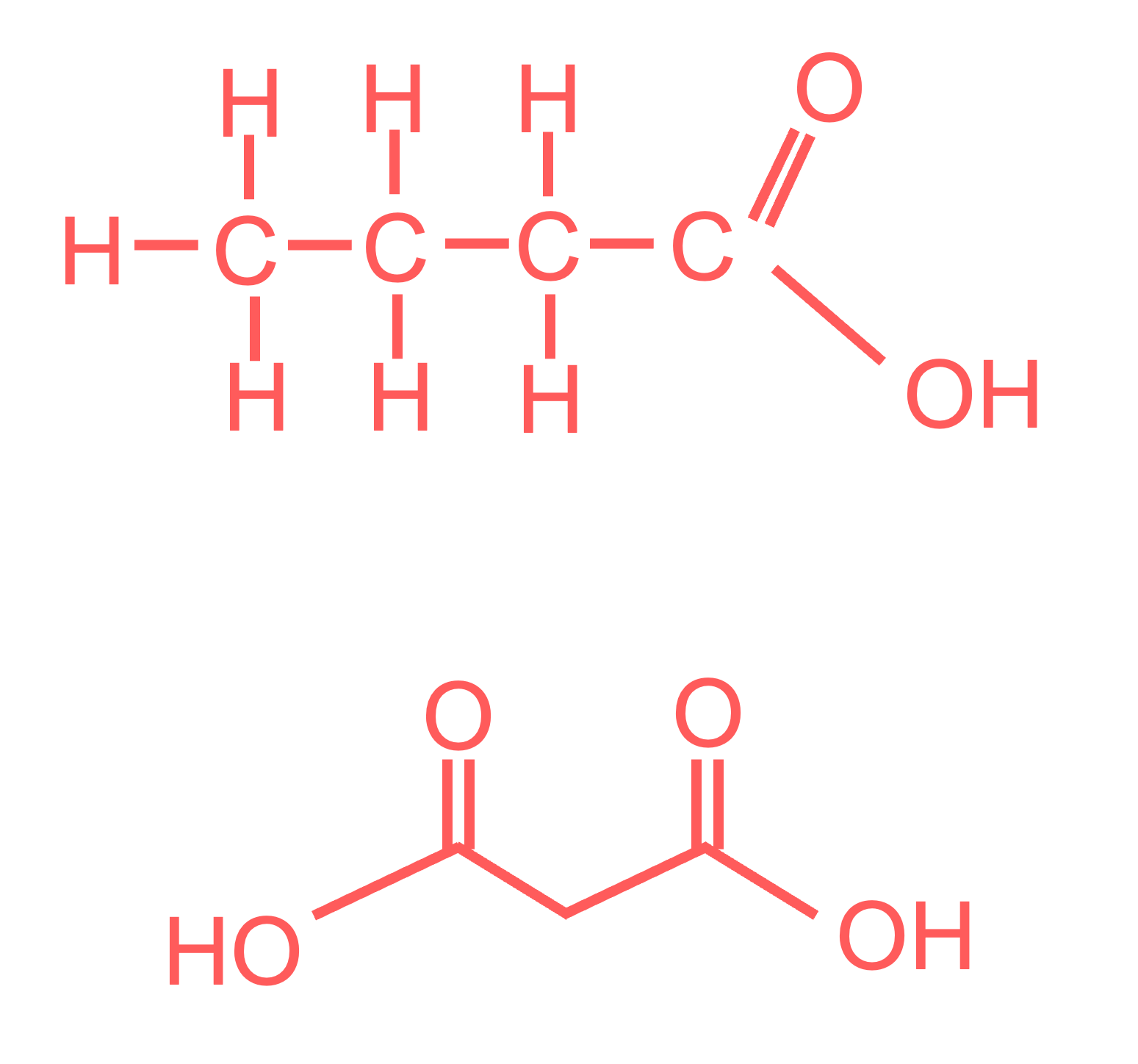butaanzuur (boven) en propaandizuur (onder)