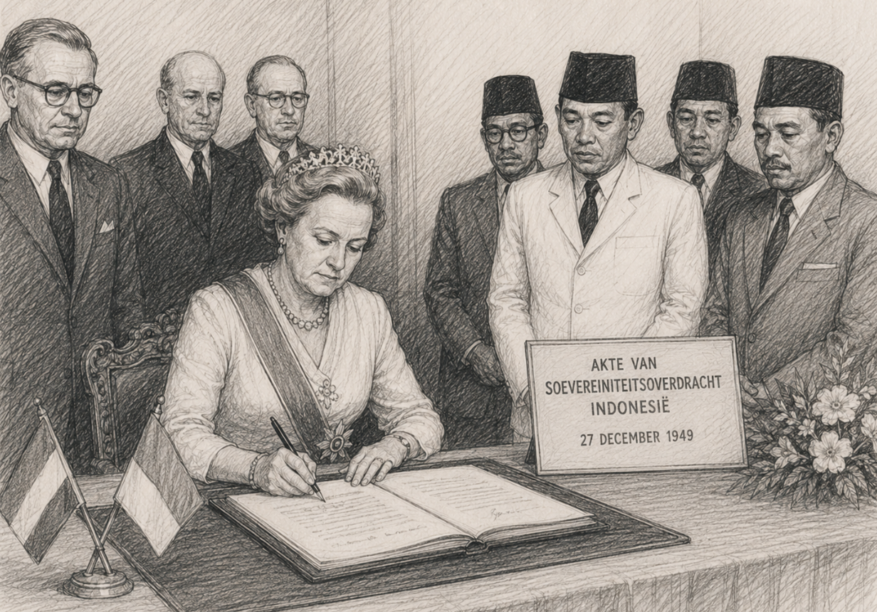 Koningin Juliana tekent de soevereiniteitsoverdracht op 27 december 1949'.