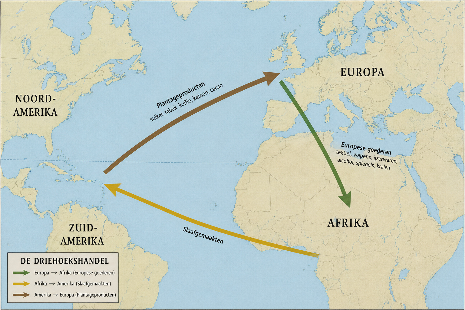 Kaart die de driehoekshandel illustreert. Een lijn loopt van Europa naar Afrika met Europese goederen, een gele lijn van Afrika naar Amerika met slaafgemaakten, en een lijn van Amerika naar Europa met plantageproducten.