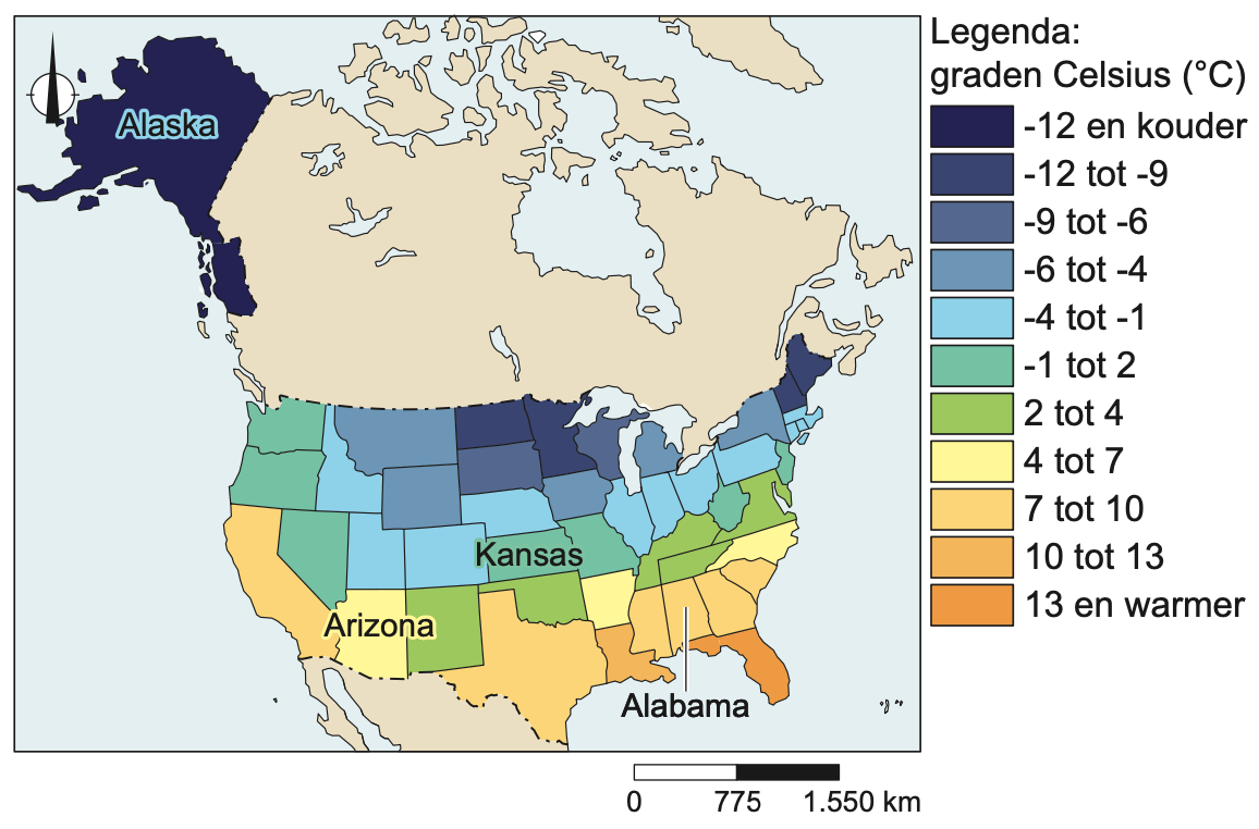 gemiddelde wintertemperatuur per staat