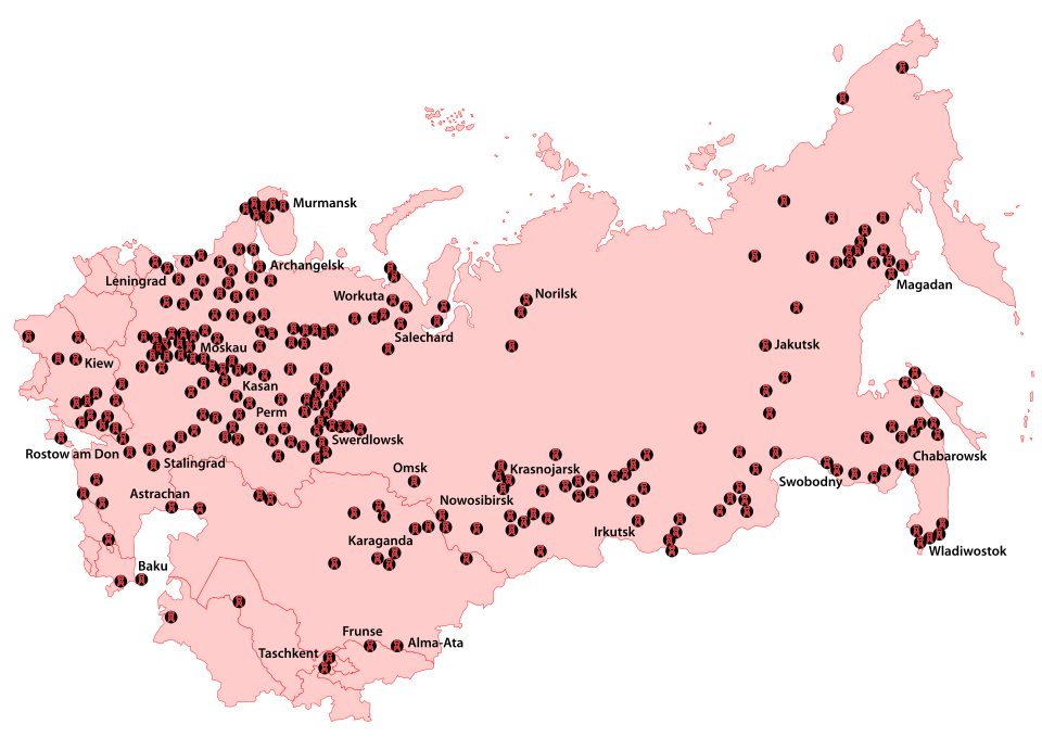 Kaart met locaties van goelags, https://commons.wikimedia.org/wiki/File:Gulag_location_map_de.svg