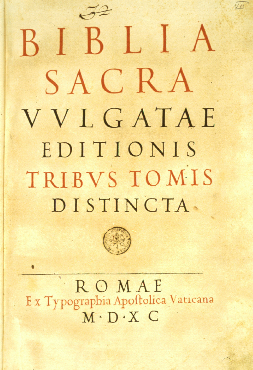 De Vulgata Sixtina (1590). Een Latijnse vertaling van de Bijbel in de 16e eeuw gepubliceerd, https://commons.wikimedia.org/wiki/File:Vulgata_Sixtina_-_title_page.jpg