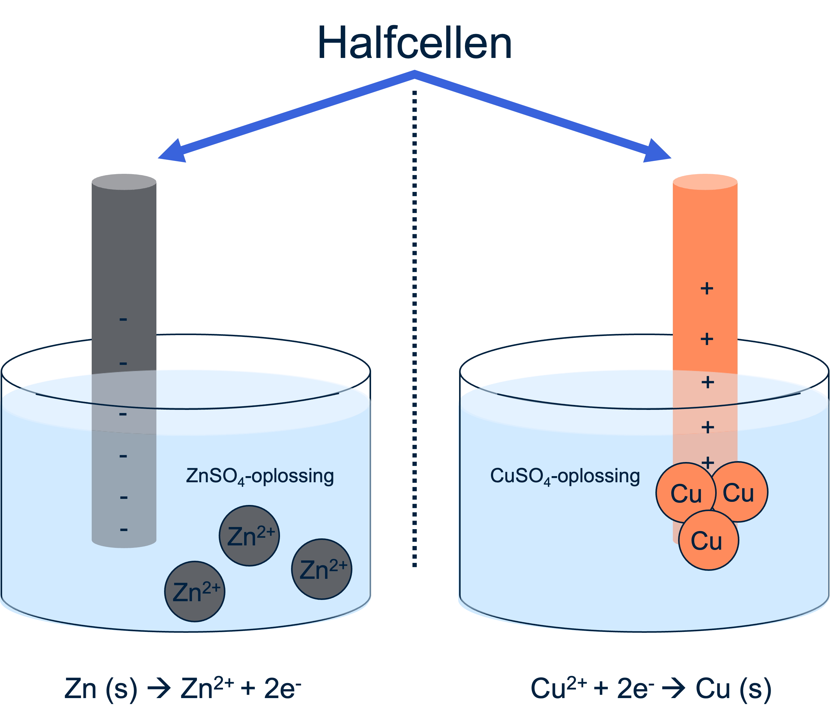 De halfcellen in de Danielcel (de eerste elektrochemische batterij).