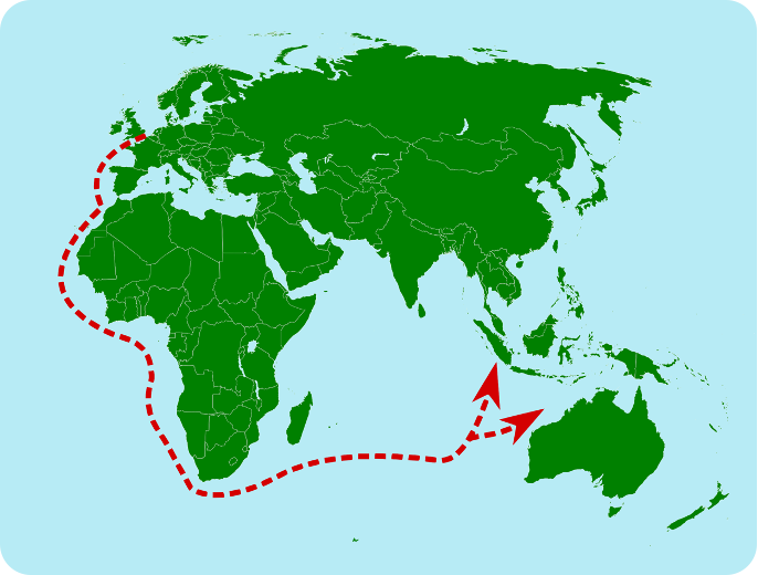 De Portugese handelsroute om Afrika heen naar het oosten
