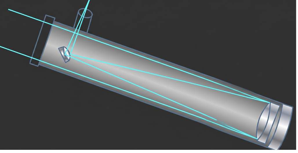 Een schematische tekening van een spiegel- of reflectortelescoop die de lichtgang toont.
