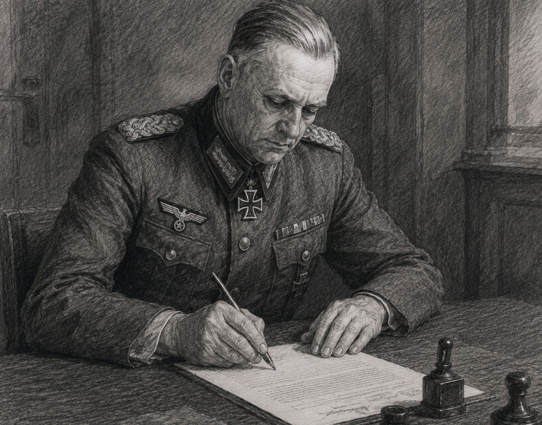 Wilhelm Keitel tekent de Duitse capitulatie aan de Sovjet-Unie in het hoofdkwartier van het Rode Leger in Berlijn