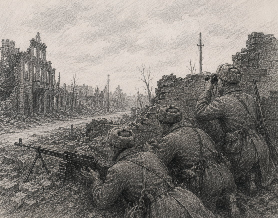 Sovjettroepen wachten de Duitse soldaten op in een buitenwijk van Stalingrad
