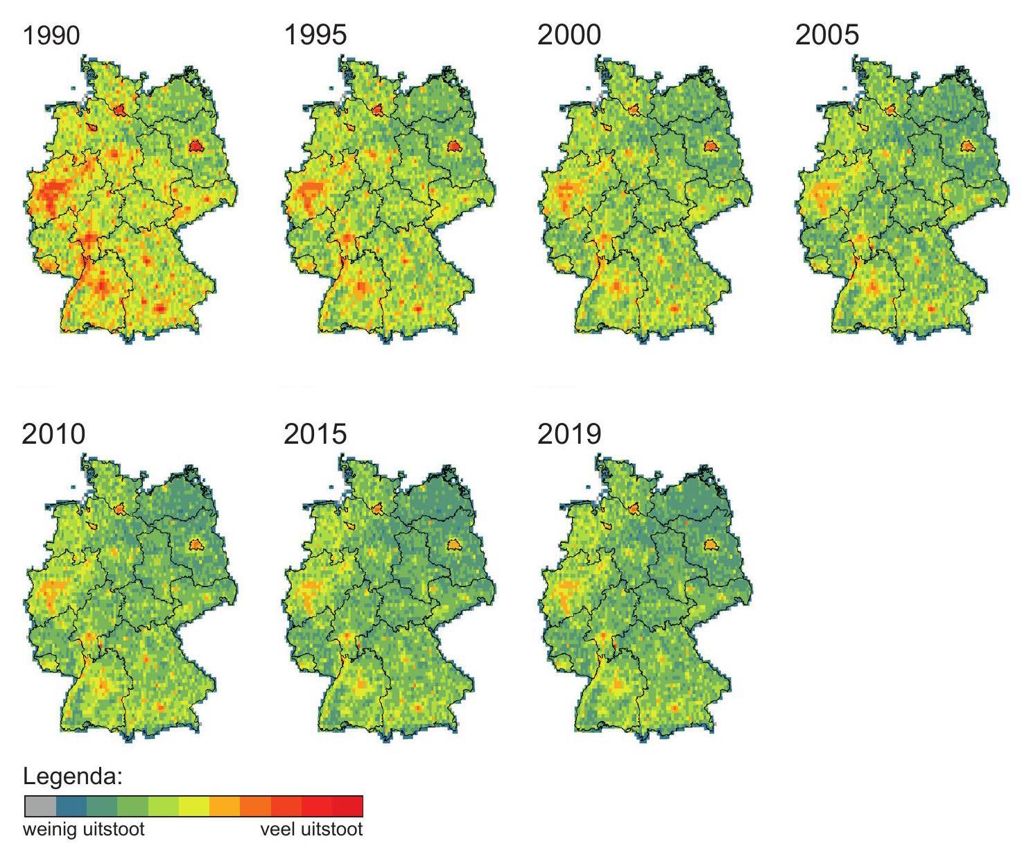 Uitstoot van luchtverontreinigende stoffen in Duitsland tussen 1990 en 2019