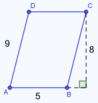 Een parallellogram met een basis van 5 cm, een hoogte van 8 cm en een schuine zijde van 9 cm.