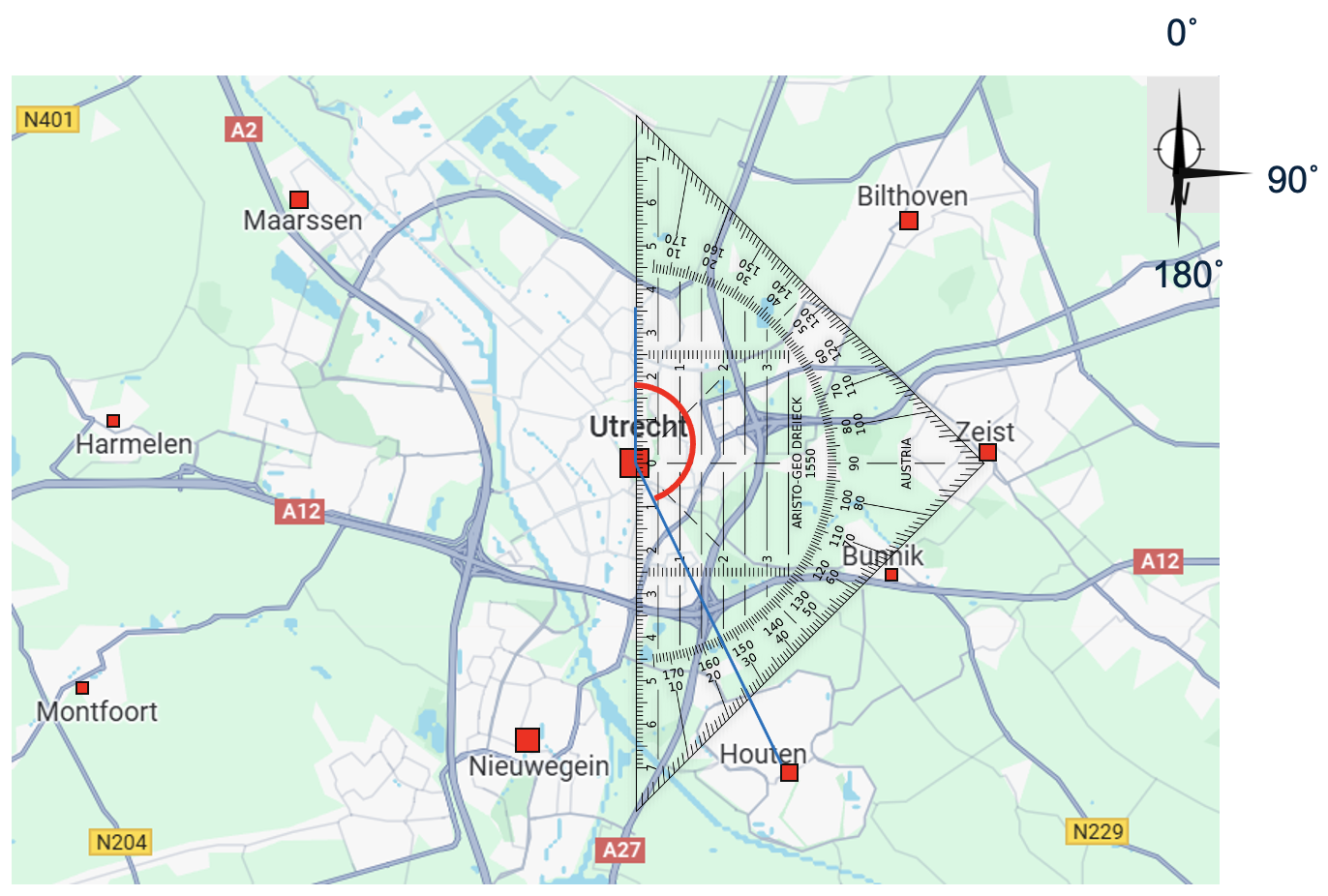 De koershoek van Utrecht naar Houten