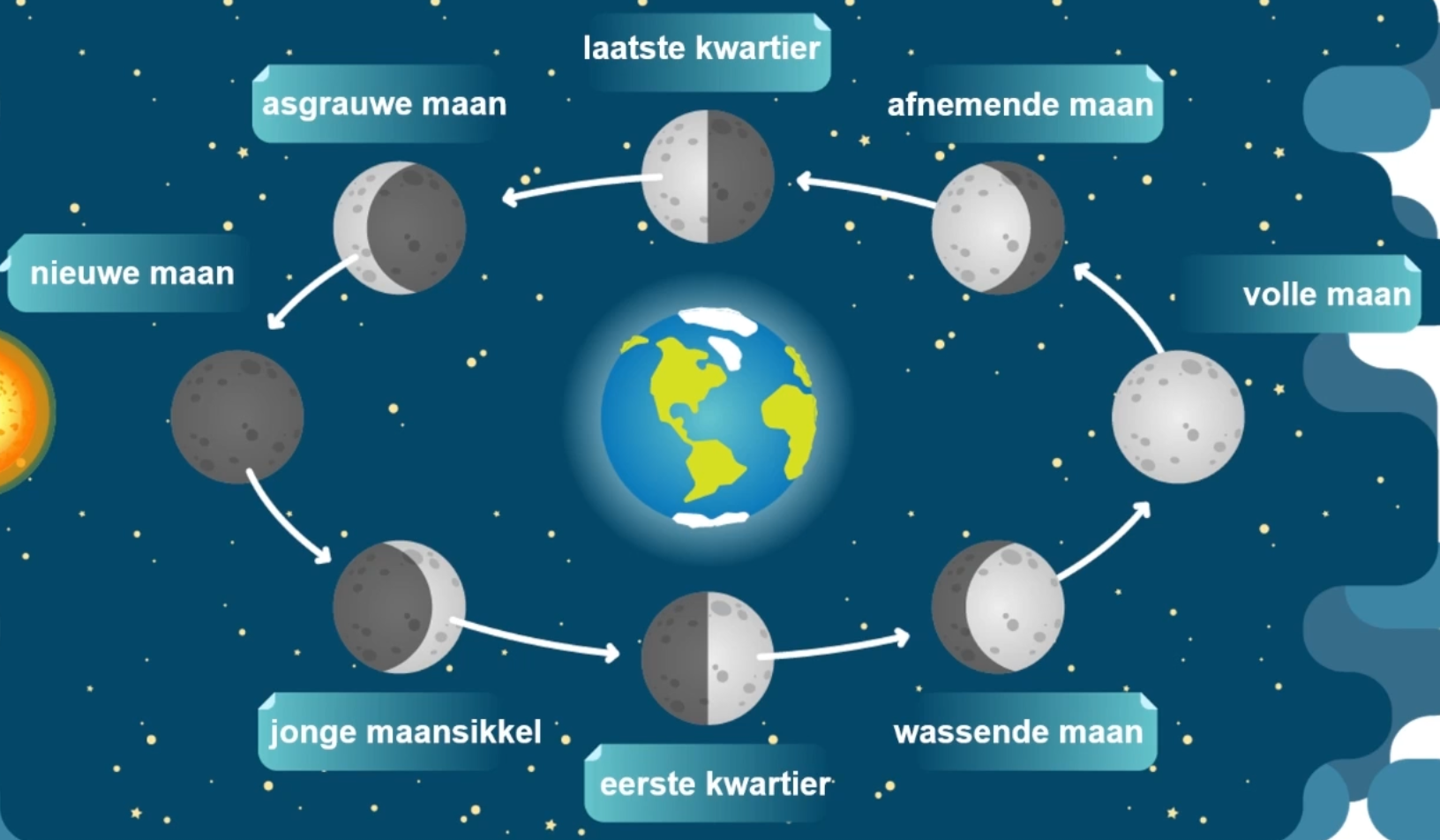 Schematische tekeningen die de posities van de zon, aarde en maan illustreren voor volle maan, nieuwe maan en halve maan, met daarbij hoe de maan er vanaf de aarde uitziet.