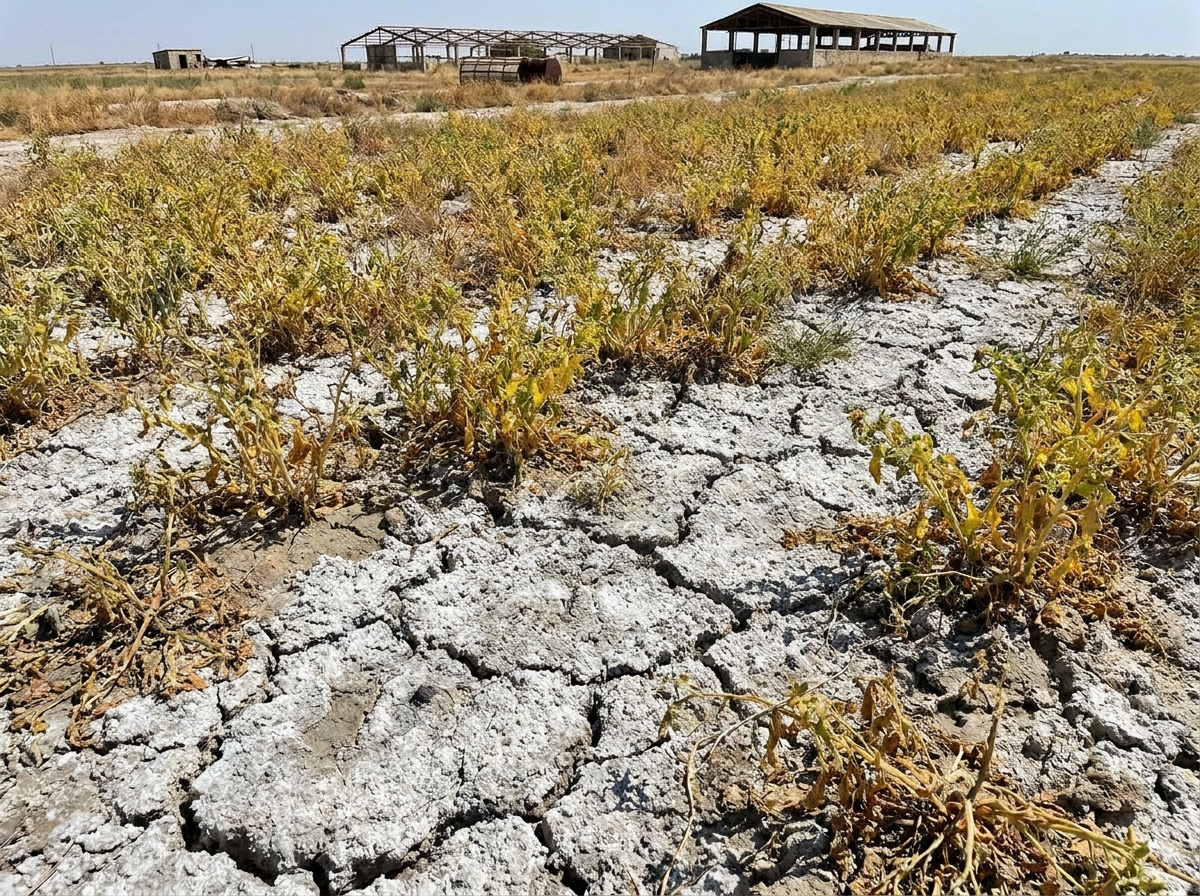 Een akker met een wit-grijze zoutlaag op het oppervlak van de bodem en weinig of zieke plantengroei.
