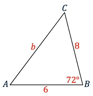 Schets van driehoek ABC met AB=6, BC=8 en ∠B=72°.
