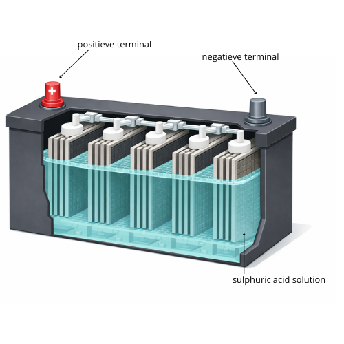 Doorsnede van een loodaccu met zes cellen, de positieve en negatieve terminals, en de elektrodenplaten ondergedompeld in zwavelzuur.